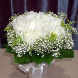 12 White Roses with Babybreath and Sala-Tip Foliage Handbouquet