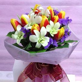 2 Tone Yellow-Red Tulips mixed with White Orchids