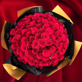 99 Red Roses Hand Bouquet w/ 2Tone Red/Gold Color Wrapper