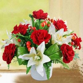 Artificial Lilies with Red Roses Arrangement