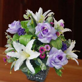 Artificial Lilies and Purple Roses Arrangement