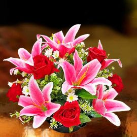 Artificial Pink Lilies Flowers & Red Roses Table Arrangement 35cm Height