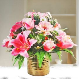Pink Lily and Roses All-Round Artificial Flower Arrangement