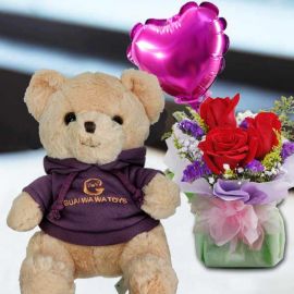 9 Inches Teddy Bear In Red Sweater and a Heart-Shaped Balloon with 3 Roses Standing Bouquet