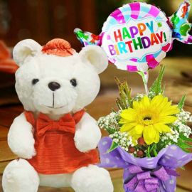 Orange Skirt Bear, Happy Birthday Balloon & Gerbera Standing Bouquet