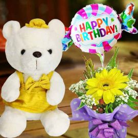 Yellow Skirt Bear, Happy Birthday Balloon & Gerbera Standing Bouquet