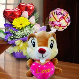 16cm Stuffed Squirrel With Roses & 3 Balloons Standing Bouquet.