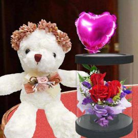 18cm Bear and a Heart-Shape Balloon with 3 Red Roses Standing Bouquet.