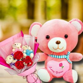 Pink Bear 30cm With 3 Artificial Roses & 3 Mini Bear Bouquet