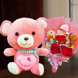 3 Artificial Roses & 3 Mini Bear Bouquet With 30cm Pink Bear