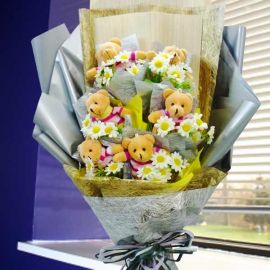 6 Mini 12cm Bears & Artificial Flowers Bouquet