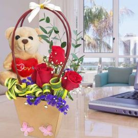 Bear & Roses in Paper Bag Flower Box with Handle