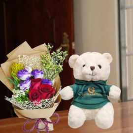 20cm Teddy Bear with 3 Red Roses HandBouquet