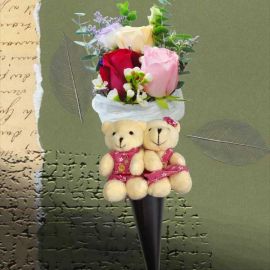 Ice Cream Cone Bouquet - 3 Mixed Roses & Mini Couple Bear