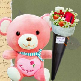 30cm Love Bear & Ice Cream Cone Rose Bouquet