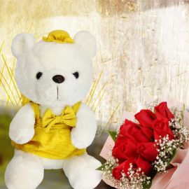 Red Roses Posy With 25cm Yellow Skirt Bear