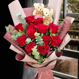 2 Bears (快乐每一天) & 12 Red Roses HandBouquet Singapore Delivery