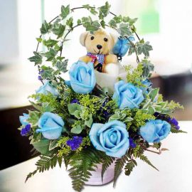 12 Blue Roses Table Arrangement with a Bear 