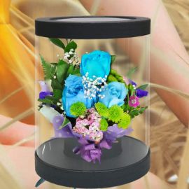 3 Blue Roses in Cylinder Gift Box 20cm Height