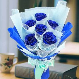 6 Artificial Shining Blue Roses Hand Bouquet