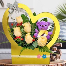 Champagne Roses with Bear Arrangement in Heart Shape Handle Flower Box