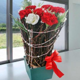 6 Fresh Red Carnation & Artificial White Roses