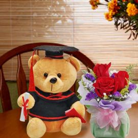 15cm Graduation Teddy Bear with 3 Red Rose Standing Bouquet