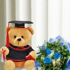 18cm Graduation Bear with 3 Blue Roses Hand Bouquet