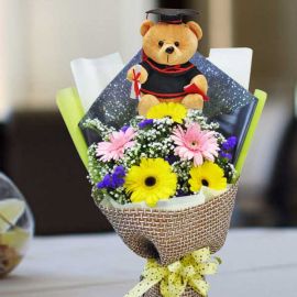 Graduate Bear 15cm With 5 Mixed Gerbera Flowers Hand Bouquet