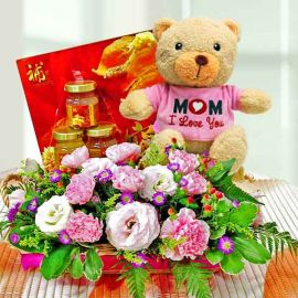 Pink Carnation with Bird's Nest and 16cm Love Bear