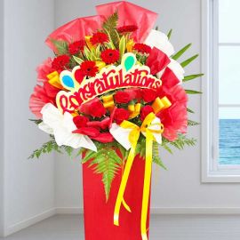 Artificial Red Roses And Fresh Gerbera Flowers Shop/Office Grand Opening Stand