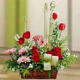 Pink Gerbera & Red Roses Flowers Table Arrangement