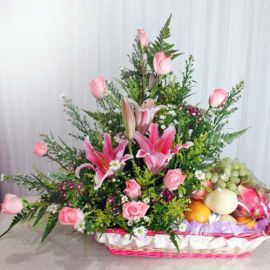 Pink Lily and Roses Fruits Basket Arrangement