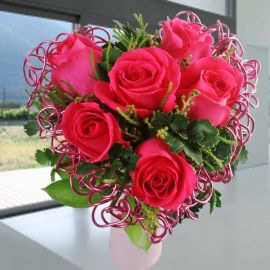 6 Hot Pink Roses With Heart-Shape Wire Mesh Standing Bouquet