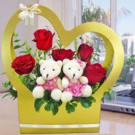 5 Red Roses & Bear Arrangement in Heart Shape Handle Flower Box
