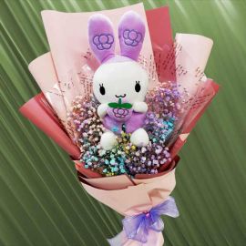 Rainbow Baby's Breath & 25cm Bunny Hand Bouquet Singapore Delivery