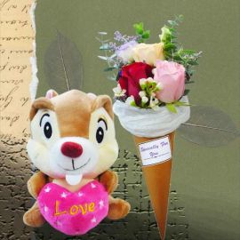 Ice Cream Cone 3 Mixed Roses Bouquet & 16cm Stuffed Squirrel
