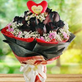 12 Black Roses with Heart-Shape tag at center