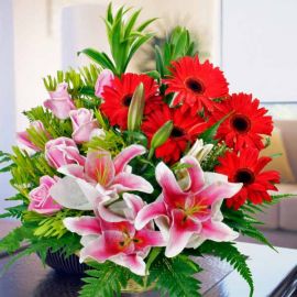 3 Pink Lily with 5 Gerbera and Roses Table Arrangement